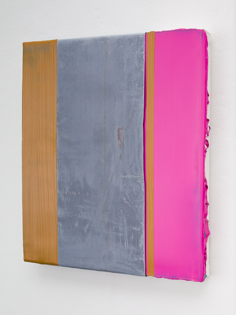 Pink painting coated vertically with a lead a belt painted brown with vertical brush strokes, leaving a broad vertical lead stripe bear.