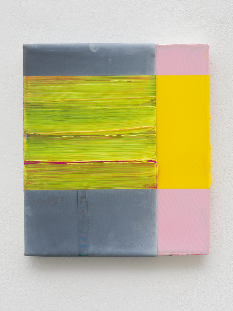 Colorfield painting in light pink and yellow, coated with lead belt painted with horizontal yellow-reddish brush strokes in the middle part.