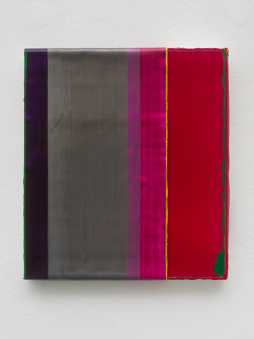 red painting coated vertically with lead a belt painted with green, dark lilac, violet, pink and yellow horizontal brush strokes in different width, leaving a vertical lead stripe bear.