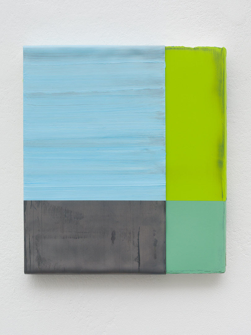 Colorfield painting in turquois and light green, coated with lead belt painted light blue in the upper part.