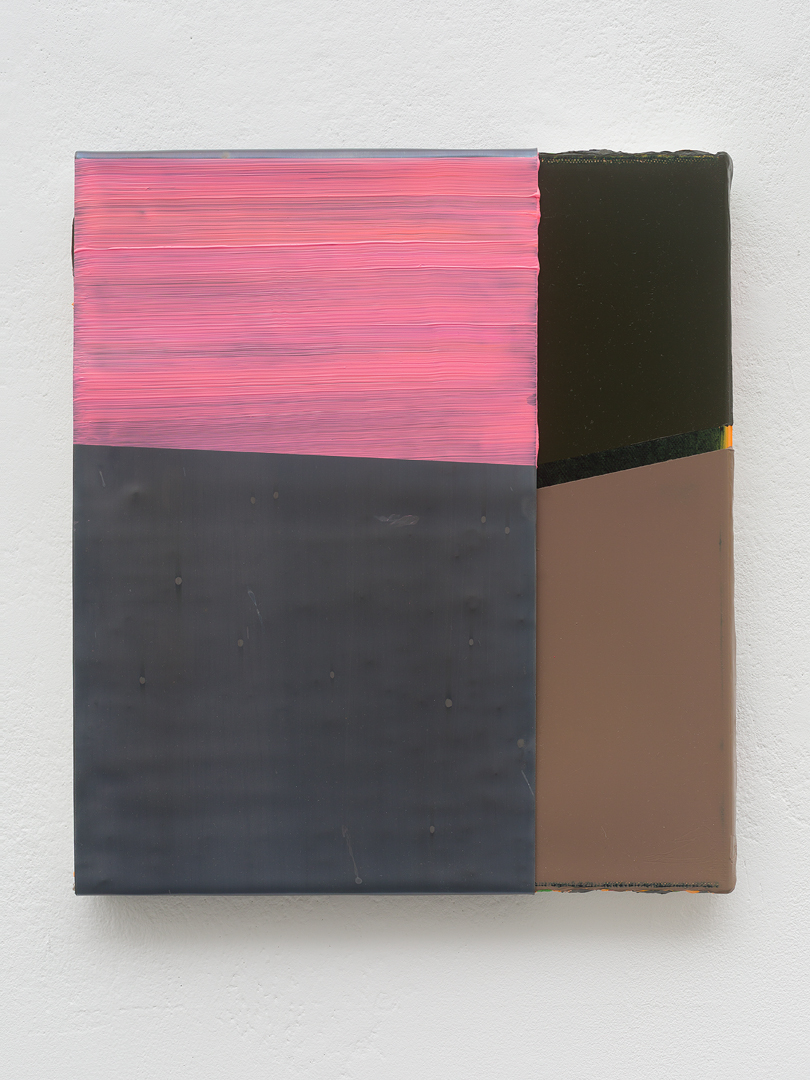 Colorfield painting in black and a brwon, coated with lead belt painted with horizontal pink brush strokes in the upper quarter.